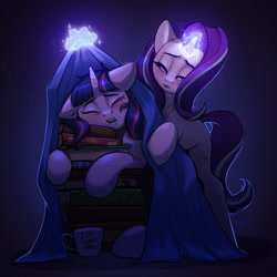 Size: 1600x1600 | Tagged: safe, artist:amishy, character:starlight glimmer, character:twilight sparkle, species:pony, species:unicorn, blanket, book, bookstack, cute, drool, eyes closed, female, floppy ears, glowing horn, horn, lidded eyes, mare, mug, sleeping, tucking in