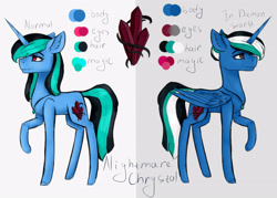 Size: 2560x1829 | Tagged: safe, artist:chrystal_company, oc, oc only, oc:nightmare chrystal, species:alicorn, species:pony, alicorn oc, crystal, duo, ear fluff, horn, jewelry, necklace, raised hoof, reference sheet, wings