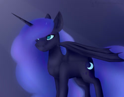Size: 1920x1500 | Tagged: safe, artist:chrystal_company, character:nightmare moon, character:princess luna, species:alicorn, species:bat pony, species:pony, bat pony alicorn, bat wings, ethereal mane, female, galaxy mane, gradient background, horn, mare, solo, wings