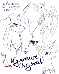 Size: 1728x2160 | Tagged: safe, artist:chrystal_company, oc, oc only, oc:nightmare chrystal, species:alicorn, species:pony, alicorn oc, blep, eye, eyes, horn, jewelry, lineart, necklace, partial color, reference sheet, tongue out, wings