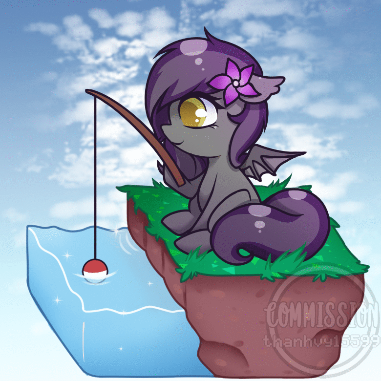 Size: 780x780 | Tagged: safe, artist:thanhvy15599, species:bat pony, species:pegasus, species:pony, species:unicorn, animated, chibi, clothing, commission, cute, female, fishing, fishing rod, flower, flower in hair, gif, socks, solo, striped socks, water, ych result