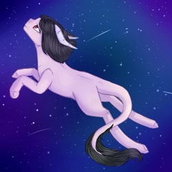 Size: 1200x1200 | Tagged: safe, artist:chrystal_company, oc, oc only, species:demon pony, demon, flying, horns, leonine tail, original species, shooting star, solo, space, stars, underhoof
