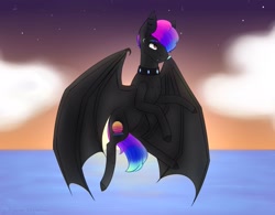 Size: 1920x1500 | Tagged: safe, artist:chrystal_company, oc, oc only, species:bat pony, species:pony, bat pony oc, bat wings, choker, cloud, colored hooves, flying, solo, spiked choker, twilight (astronomy), wings
