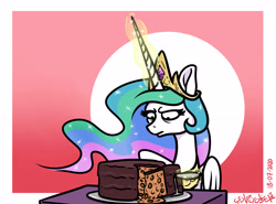 Size: 5401x4000 | Tagged: safe, artist:poecillia-gracilis19, character:princess celestia, species:alicorn, species:pony, baked beans, beans, cake, celestia is not amused, crown, ethereal mane, everything is cake, female, food, glowing horn, horn, jewelry, knife, mare, meme, regalia, the cake is a lie, this will end in farts, this will end in tears and/or a journey to the moon, unamused