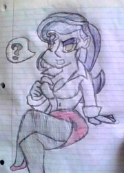 Size: 758x1054 | Tagged: safe, artist:midday sun, character:moonlight raven, my little pony:equestria girls, breasts, cleavage, clothing, dress shirt, equestria girls-ified, eyeshadow, high heels, makeup, pantyhose, pencil skirt, pictogram, question mark, secretary, shirt, shoes, skirt, tights