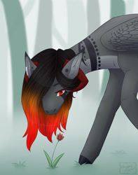Size: 2488x3150 | Tagged: safe, artist:chrystal_company, oc, oc only, species:pegasus, species:pony, flower, hair over one eye, looking down, outdoors, pegasus oc, solo, tree, wings