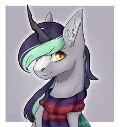 Size: 1929x2039 | Tagged: safe, artist:chrystal_company, oc, oc only, species:pony, bust, clothing, disguise, disguised changeling, ear fluff, horn, scarf, smiling, solo, wings