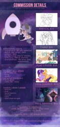 Size: 4000x8500 | Tagged: safe, artist:curiouskeys, character:applejack, character:queen chrysalis, character:twilight sparkle, oc, ship:twijack, advertisement, cel shading, chibi, colored, commission info, commissions sheet, female, flat colors, full color, lesbian, lineart, shading, shipping, sketch, space, space suit