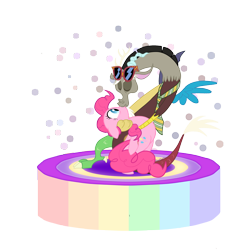 Size: 2108x2174 | Tagged: safe, artist:anima-dos, character:discord, character:pinkie pie, ship:discopie, female, high res, interspecies, kissing, male, shipping, shocked, straight, surprise kiss, surprised
