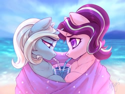 Size: 2048x1536 | Tagged: safe, artist:amishy, character:starlight glimmer, character:trixie, species:pony, species:unicorn, ship:startrix, beach, bedroom eyes, blanket, drinking, female, juice, lesbian, mare, ocean, sharing a drink, shipping, straw, thick eyebrows