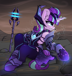 Size: 1490x1574 | Tagged: safe, artist:hitbass, character:starlight glimmer, species:pony, species:unicorn, clothing, female, semi-anthro, sitting, solo, staff