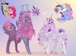 Size: 1361x1000 | Tagged: safe, artist:bunnari, character:discord, character:pinkie pie, character:princess celestia, character:rarity, oc, parent:discord, parent:pinkie pie, parent:princess celestia, parent:rarity, parents:discopie, parents:rarilestia, species:pony, species:unicorn, ship:discopie, ship:rarilestia, female, hybrid, interspecies offspring, lesbian, magical lesbian spawn, male, mare, offspring, shipping, straight
