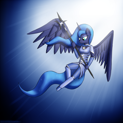 Size: 1024x1024 | Tagged: safe, artist:devs-iratvs, character:princess luna, species:anthro, species:unguligrade anthro, armor, female, flying, halberd, hooves, polearm, solo, warrior luna, weapon