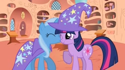 Size: 1920x1080 | Tagged: safe, artist:jadethepegasus, character:trixie, character:twilight sparkle, ship:twixie, female, kissing, lesbian, shipping