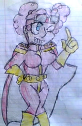 Size: 1100x1685 | Tagged: safe, artist:midday sun, character:pinkie pie, species:human, bodysuit, boots, bucky o'hare, bucky o'hare and the toad wars, cape, clothing, cosplay, costume, crossover, gloves, goggles, humanized, lined paper, shoes