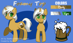 Size: 1300x759 | Tagged: safe, artist:thanhvy15599, oc, oc:foamy top, species:pony, species:unicorn, alcohol, beer, commission, green eyes, horn, reference sheet, unicorn oc