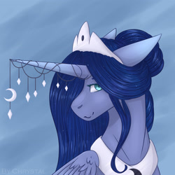Size: 3622x3622 | Tagged: safe, artist:chrystal_company, character:princess luna, species:alicorn, species:pony, abstract background, alternate hairstyle, bust, female, horn, horn jewelry, jewelry, mare, solo