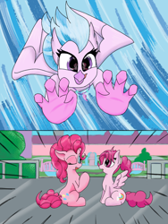 Size: 768x1024 | Tagged: safe, artist:mrleft, character:bifröst, character:pinkie pie, character:silverstream, species:earth pony, species:hippogriff, species:pegasus, species:pony, series:school snacks, female, friendship student, imminent vore, mare, one eye closed, sitting, story in the source, wink