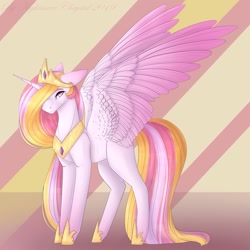 Size: 1772x1772 | Tagged: safe, artist:chrystal_company, character:princess celestia, species:alicorn, species:pony, abstract background, female, hoof shoes, jewelry, mare, peytral, redesign, solo, tiara