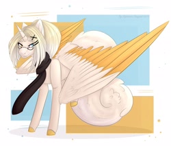 Size: 2756x2343 | Tagged: safe, artist:chrystal_company, oc, oc only, species:alicorn, species:pony, alicorn oc, clothing, colored hooves, glasses, horn, scarf, solo, two toned wings, wings