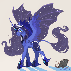 Size: 2000x2000 | Tagged: safe, artist:creeate97, character:princess luna, species:alicorn, species:pony, alternate design, bat wings, curved horn, female, horn, hybrid wings, leonine tail, solo, wings