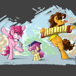 Size: 2000x2000 | Tagged: safe, artist:th3ipodm0n, character:cheese sandwich, character:li'l cheese, character:pinkie pie, species:earth pony, species:pony, newbie artist training grounds, ship:cheesepie, episode:the last problem, g4, my little pony: friendship is magic, abstract background, accordion, atg 2020, bipedal, clothing, family, female, graduation cap, hat, male, mare, musical instrument, shipping, smiling, stallion, straight, trio