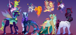 Size: 2500x1162 | Tagged: safe, artist:bunnari, character:adagio dazzle, character:discord, character:fluttershy, character:lord tirek, character:rarity, character:star swirl the bearded, character:starlight glimmer, character:thorax, oc, parent:adagio dazzle, parent:discord, parent:fluttershy, parent:lord tirek, parent:rarity, parent:star swirl the bearded, parent:starlight glimmer, parent:thorax, parents:discoshy, parents:glimax, parents:rarirek, species:changeling, species:changepony, species:pony, species:reformed changeling, ship:discoshy, female, glimax, hybrid, interspecies offspring, male, offspring, rarirek, shipping, straight