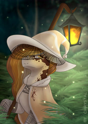 Size: 3307x4677 | Tagged: safe, artist:chrystal_company, oc, oc only, species:earth pony, species:pony, clothing, commission, earth pony oc, hat, lantern, outdoors, raised hoof, solo, tree, wizard hat, ych result