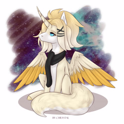 Size: 4252x4252 | Tagged: safe, artist:chrystal_company, oc, oc only, species:alicorn, species:pony, alicorn oc, clothing, colored hooves, horn, looking up, scarf, sitting, solo, space, spread wings, two toned wings, wings