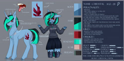 Size: 6378x3150 | Tagged: safe, artist:chrystal_company, oc, oc only, oc:nightmare chrystal, species:anthro, species:pony, species:unicorn, arm hooves, clothing, colored hooves, crystal, female, jewelry, mare, necklace, open mouth, reference sheet, shrug, skirt, tongue out