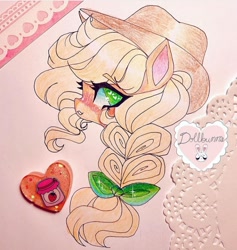 Size: 720x758 | Tagged: safe, artist:dollbunnie, character:applejack, applejack's hat, braid, clothing, colored pencil drawing, cowboy hat, female, hat, looking at you, smiling, solo, traditional art