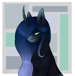 Size: 1061x1080 | Tagged: safe, artist:chrystal_company, oc, oc only, species:pony, species:unicorn, abstract background, bust, curved horn, horn, solo, unicorn oc