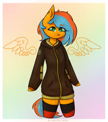Size: 2520x2835 | Tagged: safe, artist:chrystal_company, oc, oc only, oc:kaspar, species:anthro, species:pegasus, species:pony, abstract background, clothing, pegasus oc, solo, wings
