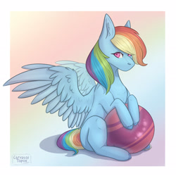 Size: 2756x2756 | Tagged: safe, artist:chrystal_company, character:rainbow dash, species:pegasus, species:pony, abstract background, ball, female, gradient background, sitting, solo
