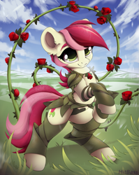 Size: 1917x2412 | Tagged: safe, artist:hitbass, character:roseluck, species:earth pony, species:pony, clothing, ear fluff, female, flower, mare, rose, solo
