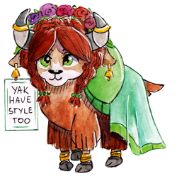 Size: 1024x1014 | Tagged: safe, artist:lailyren, artist:moonlight-ki, character:yona, species:yak, bell, bracelet, clothing, cloven hooves, cute, dress, ear piercing, earring, fashion, fashion style, female, floral head wreath, flower, horn, horn jewelry, horn ring, jewelry, piercing, quadrupedal, ring, sign, simple background, solo, style, text, toy, traditional art, transparent background, watercolor painting, yonadorable