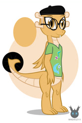 Size: 730x1102 | Tagged: safe, artist:wheatley r.h., derpibooru original, oc, oc only, oc:myoozik the dragon, species:dragon, beret, clothing, cutie mark, cutie mark on clothes, dragon oc, dragoness, female, glasses, happy, hat, melody the dragoness, rule 63, shirt, simple background, solo, vector, watermark