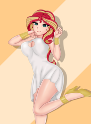 Size: 1663x2268 | Tagged: safe, artist:anonix123, character:sunset shimmer, species:human, my little pony:equestria girls, boob window, breasts, busty sunset shimmer, clothing, dress, female, high heels, human coloration, looking at you, shoes, solo