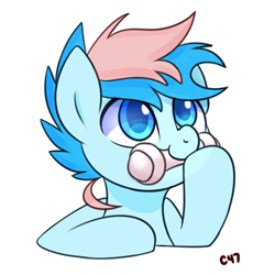 Size: 2000x2000 | Tagged: safe, artist:handgunboi, oc, oc only, oc:blue chewings, species:earth pony, species:pony, :3, behaving like a dog, bust, chew toy, hoof hold, mouth hold, simple background, solo, white background