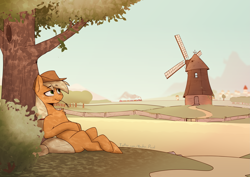 Size: 4093x2894 | Tagged: safe, artist:renderpoint, character:applejack, species:earth pony, species:pony, chest fluff, female, fence, field, high res, mare, scenery, sitting, solo, straw in mouth, train, tree, under the tree, windmill