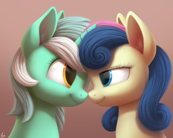 Size: 2500x2000 | Tagged: safe, artist:luminousdazzle, character:bon bon, character:lyra heartstrings, character:sweetie drops, species:earth pony, species:pony, species:unicorn, ship:lyrabon, digital art, eye contact, female, lesbian, looking at each other, mare, shipping, smiling