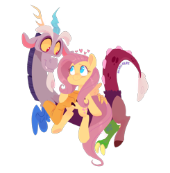 Size: 2600x2657 | Tagged: safe, artist:waackery, character:discord, character:fluttershy, species:draconequus, species:pegasus, species:pony, ship:discoshy, cute, digital art, discute, female, heart, male, mare, shipping, shyabetes, simple background, straight, transparent background