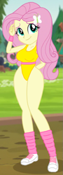 Size: 295x818 | Tagged: safe, artist:wolf, edit, edited screencap, screencap, character:fluttershy, equestria girls:legend of everfree, g4, my little pony: equestria girls, my little pony:equestria girls, 80s, breasts, clothing, edited edit, hairpin, high-cut clothing, leg warmers, leotard, shoes, sneakers, wide hips, workout outfit, wristband