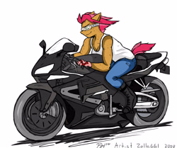 Size: 3308x2772 | Tagged: safe, artist:zalla661, character:babs seed, species:anthro, species:earth pony, species:pony, arm freckles, body freckles, boots, clothing, digital art, female, freckles, gloves, goggles, motorcycle, muscles, muscular female, shoes, short hair, simple background, smiling, solo, tank top, vehicle, white background
