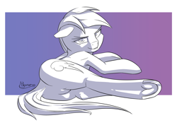 Size: 3496x2480 | Tagged: safe, alternate version, artist:madgehog, character:rainbow dash, species:pegasus, species:pony, bed, black and white, blushing, butt, female, frog (hoof), grayscale, hoofbutt, ink, lineart, looking at you, looking back, lying on bed, mare, monochrome, on back, on bed, plot, solo, tail, underhoof