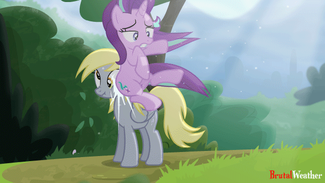 Size: 640x360 | Tagged: safe, artist:brutalweather studio, character:derpy hooves, character:starlight glimmer, species:pegasus, species:pony, species:unicorn, episode:rock solid friendship, g4, my little pony: friendship is magic, collision, duo, female, hitting, i can't believe it's not hasbro studios, mare, scrunchy face