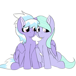 Size: 2362x2362 | Tagged: safe, artist:jubyskylines, character:cloudchaser, character:flitter, species:pegasus, species:pony, chest fluff, female, hug, missing accessory, siblings, simple background, sisters, tongue out, transparent background, winghug