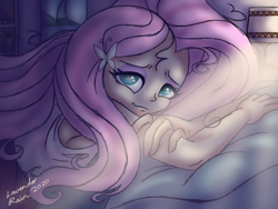 Size: 1024x768 | Tagged: safe, artist:lavenderrain24, character:fluttershy, my little pony:equestria girls, bed, female, lidded eyes, sleepy, solo