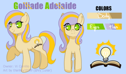 Size: 1300x759 | Tagged: safe, artist:thanhvy15599, oc, oc only, oc:golliade adelaide, species:earth pony, species:pony, blue background, commission, cutie mark, earth pony oc, female, green eyes, reference sheet, simple background, solo