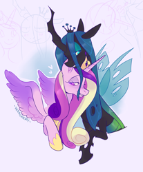 Size: 2377x2875 | Tagged: safe, artist:waackery, character:princess cadance, character:queen chrysalis, species:alicorn, species:changeling, species:pony, ship:cadalis, g4, abstract background, changeling queen, crack shipping, duo, female, heart, horn, jewelry, lesbian, regalia, shipping, wings
